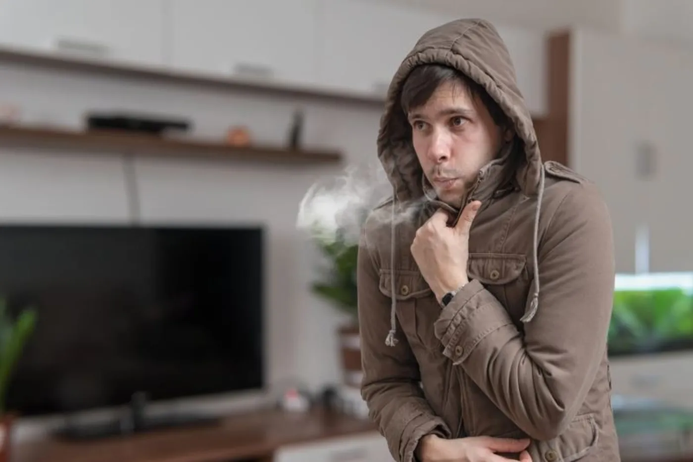 this man is very cold in his living room