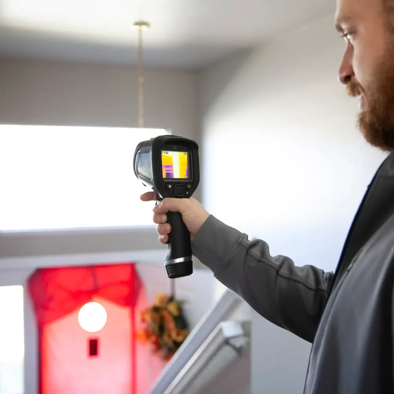 PowerHouse technician performing a home energy assessment with diagnostic equipment